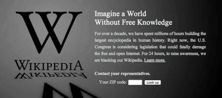 Screenshot from Wikipedia.org on Jan. 18, 2012. Mozilla, WordPress, MoveOn, and TwitPic are joining Wikipedia and Reddit, as well as other sites, in joining the protest against controversial antipiracy legislation.