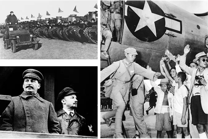 L-R: Mao Tse-Tung reviews the tank forces of the Chinese People’s Liberation Army in Hsiyuan, China on Peking’s outskirts, 1949. (AP Photo/Hsinhua News Agency), Shanghai citizens cheer Chinese Kuomintang troops upon their arrival in the Chinese city and port, on September 15, 1945. (AP Photo). Former Russian leader Josef Stalin in 1930 (AP Photo/File).