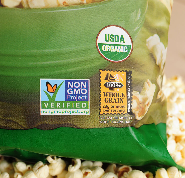 A label on a bag of popcorn indicates it is a non-GMO food product, in Los Angeles, California, October 19, 2012. Most of the food available, especially in supermarkets, contains genetically modified ingredients. (Robyn Beck/AFP/Getty Images)