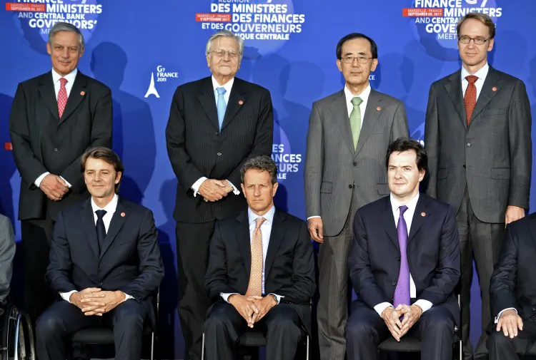 G7 finance ministers and governors pose at the Palais du Pharo for a family picture in Marseille on Sept. 9, 2011. First Row (L-R) French Finance Minister François Baroin, US Treasury Secretary Timothy Geithner, British Chancellor of the Exchequer George Osborne. Second Row (L-R) Governor of the Bank of France Christian Noyer, European Central Bank head Jean-Claude Trichet, Bank of Japan Governor Masaaki Shirakawa, Germany's Jens Weidman. (Gerard Julien/AFP/Getty Images)