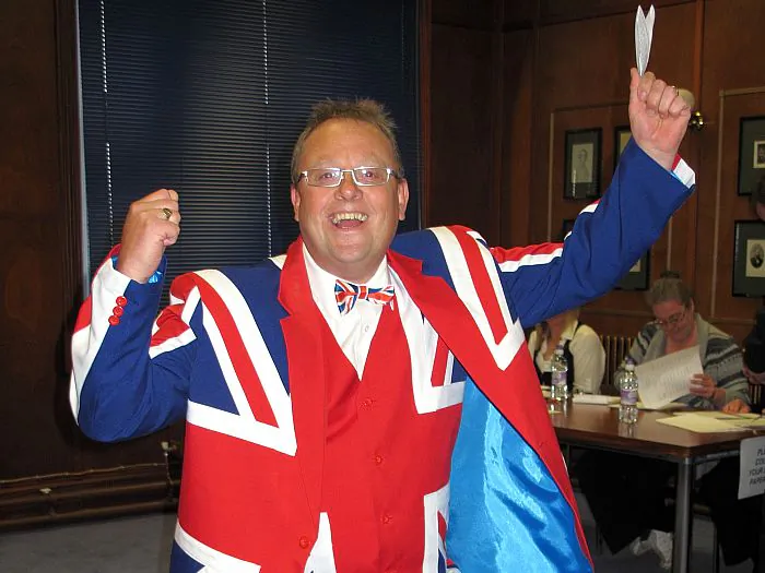 A man clothed in the British flag casts his vote during a referendum in Stanley, Falkland Islands. on March 10. Residents of the Falkland Islands on Sunday voted in a referendum intended to show the world that they want to stay British amid increasingly assertive claims by Argentina. (Tony Chater/AFP/Getty Images)
