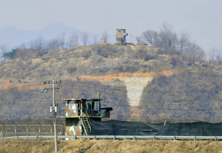 Military guard posts of South Korea (bottom) and North Korea (top) stand opposite each other as seen from in the border city of Paju on March 27, 2013. (JUNG YEON-JE/AFP/Getty Images)