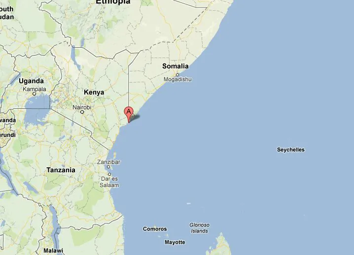 A screenshot of Google Maps shows the location of Manda Island in Kenya. A 600-year-old coin from China was found there recently. (Screenshot via The Epoch TImes)
