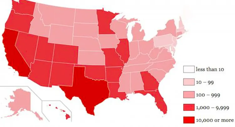 A screenshot of a Spider.io map showing the number of computers infected by Chameleon botnet across the United States.