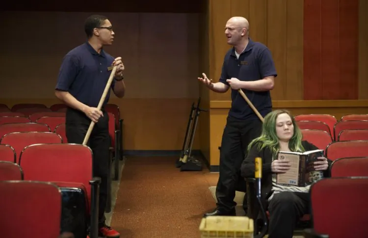 (L–R) Avery (Aaron Clifton Moten), Sam (Matthew Maher), and Rose (Louisa Krause) are the three employees of an old movie house in Annie Baker’s new play, “The Flick.” (Joan Marcus)