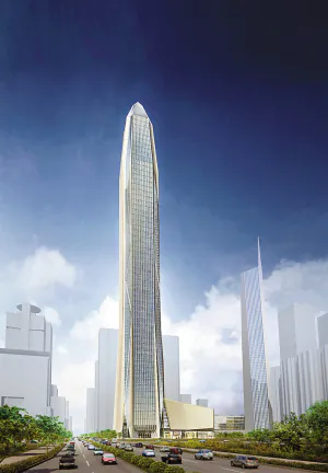 A diagram showing how the Ping’an International Finance Center will look upon completion (if it is completed) in 2015. Construction on the enormous building was stopped after it was suspected that sea sand may have been used in the concrete. (Weibo.com)