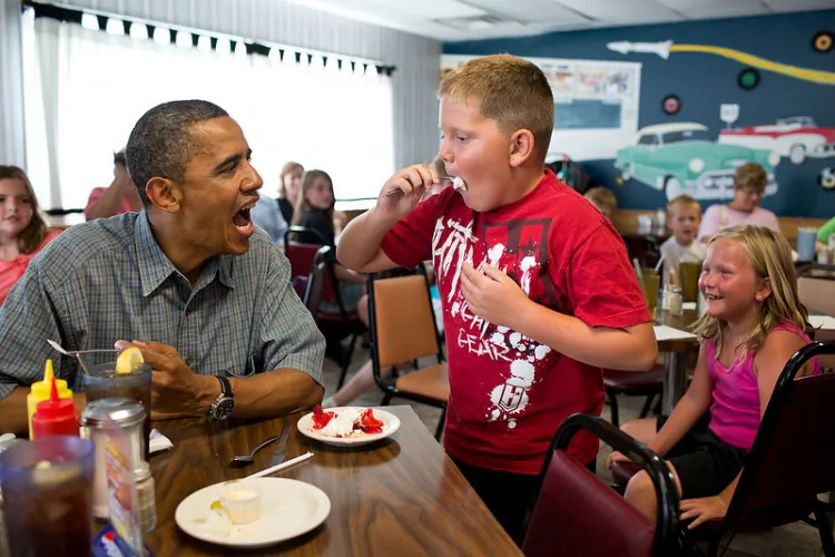 “Happy Pi Day!” the White House tweeted on March 14 with this photo. "'Anyone want to try a piece of my strawberry pie,' Barack Obama, U.S. president, asked during a stop for lunch at Kozy Corners restaurant in Oak Harbor, Ohio on July 5, 2012. A young boy said yes and came over for a big bite of pie. (Official White House Photo by Pete Souza)