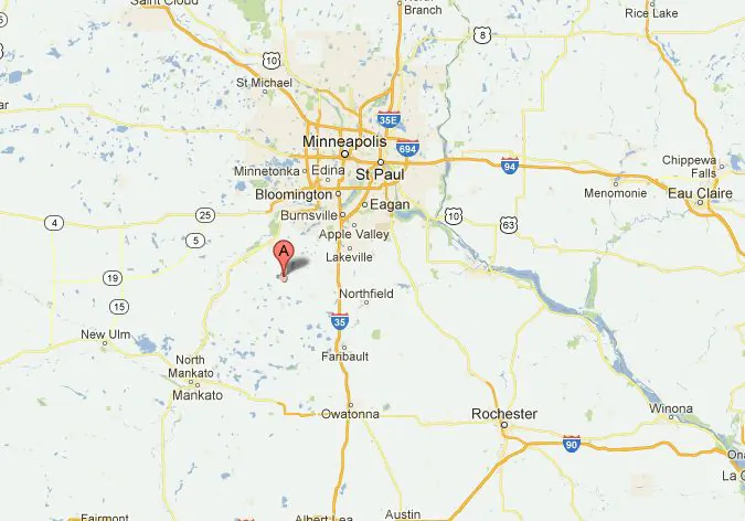 Middle school lockdown: A Google screenshot shows the location of New Prague, Minn. (Screenshot via The Epoch Times)