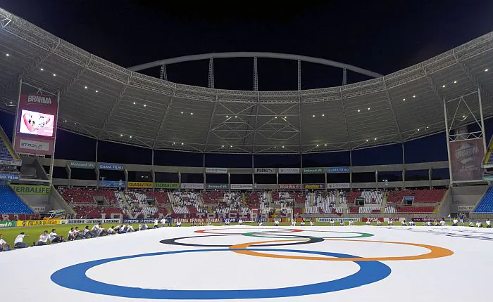 A 22,000-square-foot banner is seen on the ground of the Joao Havelange stadium in Rio de Janeiro, Brazil, on Aug. 19, 2012, preparing for the Rio 2016 Olympic Games. (Antonio Scorza/AFP/GettyImages)
