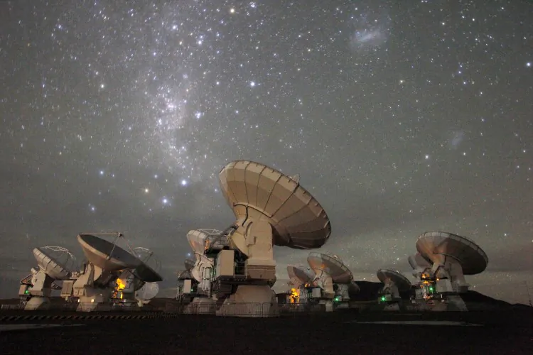 The antennas of the Atacama Large Millimeter/submillimeter Array (ALMA) scrutinize the mysteries of the universe 24 hours a day. ALMA is an international astronomy facility that is a partnership of Europe, North America and East Asia in cooperation with the Republic of Chile. It is funded in part by the National Science Foundation. (ALMA)