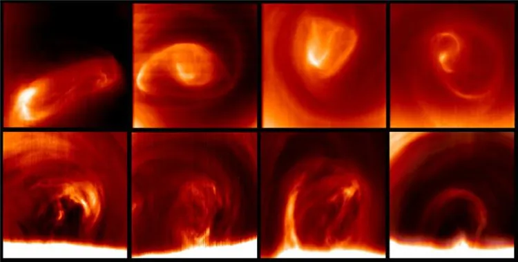 The south polar vortex of Venus changes shape every day. The images at the top of the figure show the upper cloud of Venus, 65 km above the planet's surface. The images at the bottom depict the south polar vortex of Venus 20 km further down showing the vertical extension and variability of the atmospheric phenomenon. (Grupo de Ciencias Planetarias - Planetary Science Group-, UPV/EHU)