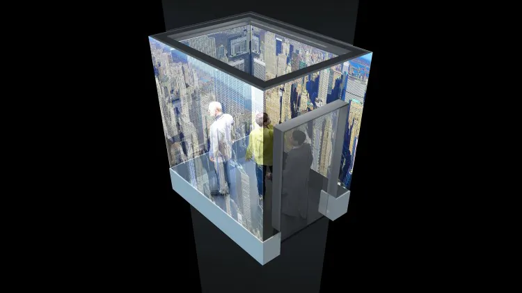 The walls on the ascending elevators will transform to give the illusion of the building disappearing, leaving visitors with an experience of flying up above the city. The elevators in One World Trade Center will be among the world's fastest, ascending faster than 14 miles per hour. (Courtesy Port Authority of NY & NJ)