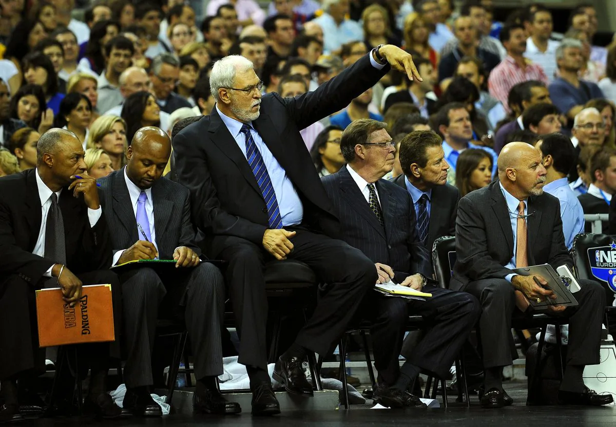 Los Angeles Lakers' coach Phil Jackson (C) gestures during a friendly match against Barcelona on October 7, 2010 at Palau Sant Jordi in Barcelona.  (Luis Gene/AFP/Getty Images)