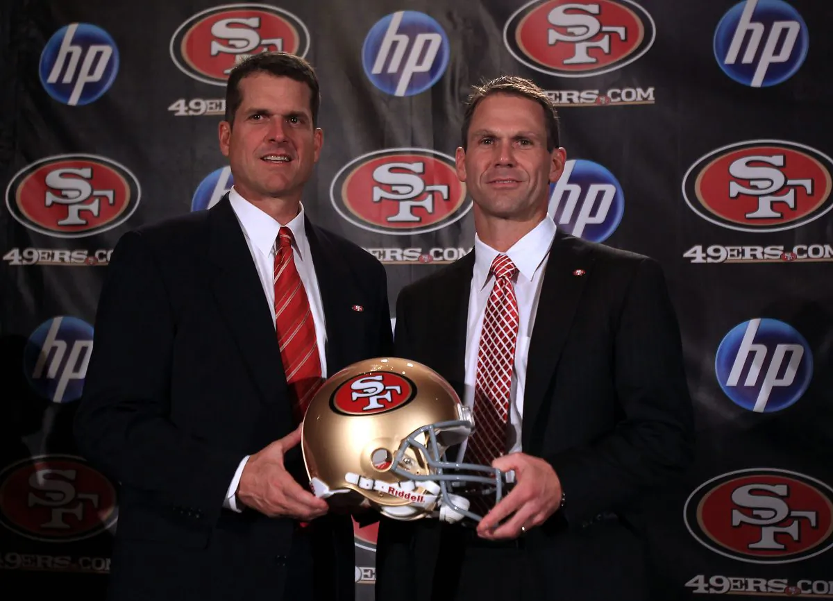 Jim Harbaugh and general manager Trent Baalke pose for a picture following a press conference in 2011. Baalke won't give much insight into whether the 49ers will trade up or not. (Ezra Shaw/Getty Images)