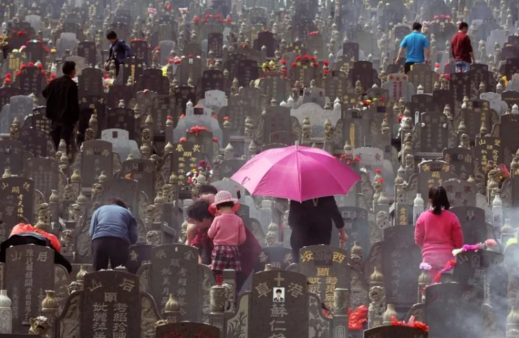 As Tomb Sweeping Day approaches, businesses target busy people who do not have time to worship their ancestors. The photo shows a cemetery in Jingjiang City, Fujian Province. (AFP)