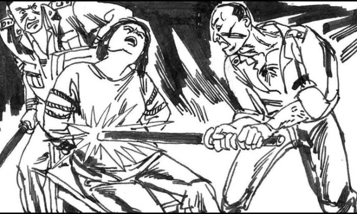 Cartoon showing a woman being tortured with an electric baton by two communist prison guards. (Minghui.org)