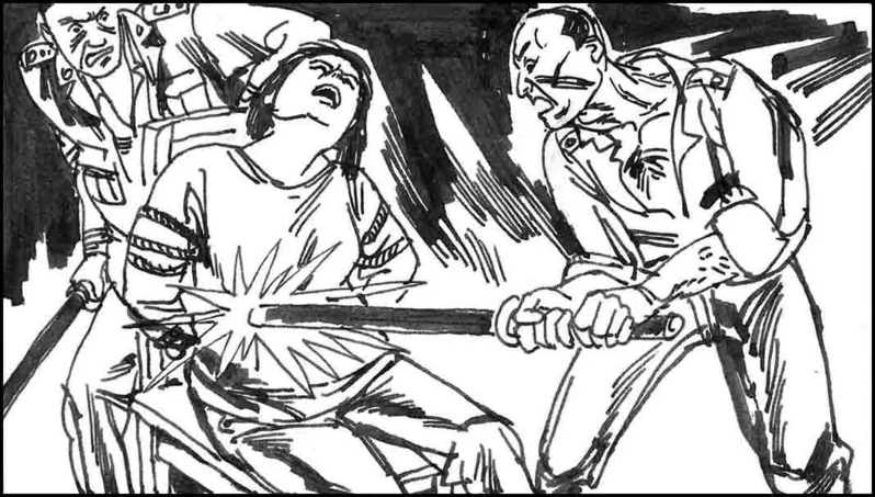 Cartoon showing a woman being tortured with an electric baton by two communist prison guards. (Minghui.org)
