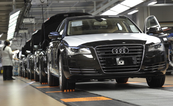 Audi A8 cars are lined up for the final check at the end of the assembly line at the Audi plant in Neckarsulm, southwestern Germany, on Feb. 15, 2012.   (Thomas Kienzle/AFP/Getty Images)