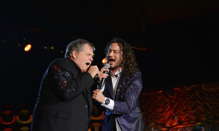 Meat Loaf and Constantine Maroulis perform onstage at the Songwriters Hall of Fame 43rd Annual induction in New York City in this file photo. Meat Loaf rescheduled a gig in Nottingham due to unspecified illnesses among his band. (Larry Busacca/Getty Images for Songwriters Hall Of Fame)