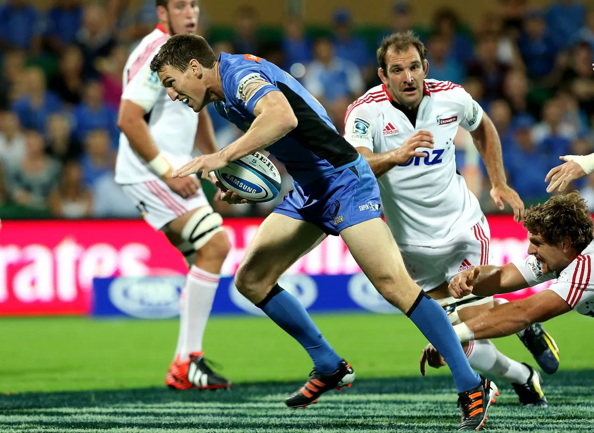 First day back in four years and looking like an international prospect ... Sam Norton-Knight of the Western Force works towards the try line during the Round 9 Super Rugby match against the Crusaders at nib Stadium Perth, April 13. Norton-Knight scored the only try in the match with Force winning 16-14. (Paul Kane/Getty Images)
