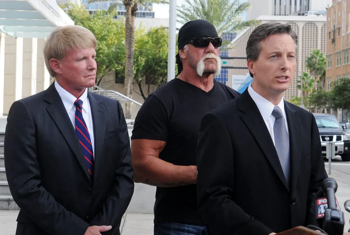  TV personality Terry Bollea aka Hulk Hogan(C) and his attorneys David Houston (L) and Charles Harder (R) attend for a press conference to discuss legal action being brought on his behalf October 15, 2012 in Tampa, Florida. One of the civil lawsuits was against Gawker Media. (Gerardo Mora/Getty Images) 