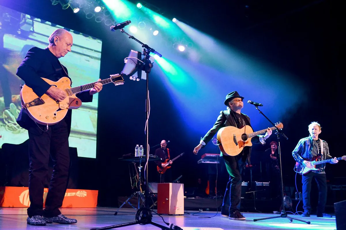(L-R) Michael Nesmith, Micky Dolenz and Peter Tork of The Monkees perform at The Greek Theatre on November 10, 2012 in Los Angeles, California. (Noel Vasquez/Getty Images)