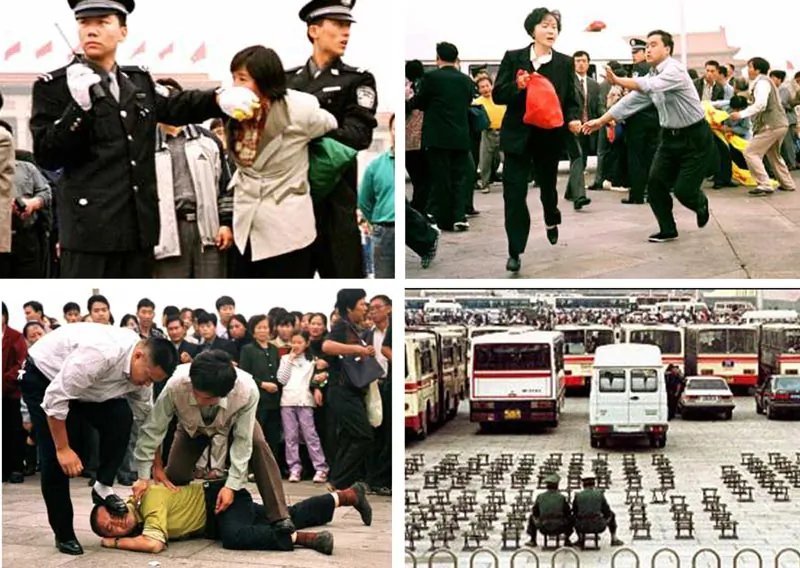 Chinese police violently arrest Falun Gong practitioners in Tiananmen Square during peaceful protests from 2000–2001. (Minghui.org)