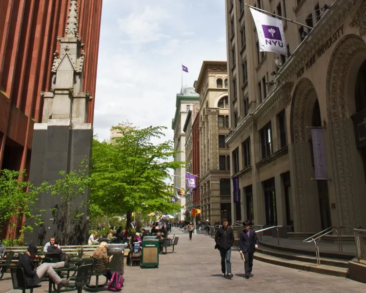 A view of the NYU campus on the southeast side of Washington Square Park at the Henry Kaufman Management Center building in Manhattan. (Benjamin Chasteen/The Epoch Times)
