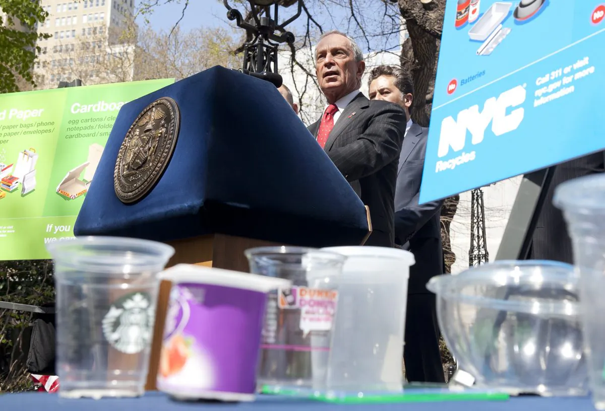 Mayor Bloomberg speaks outside of City Hall about the expansion of recyclable items to include all rigid plastics.
