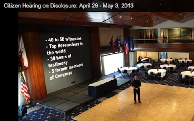 Screen capture of promo video for Citizen Hearing on Disclosure of an extraterrestrial presence engaging the human race in Washington DC, April 29-May 3, 2013.