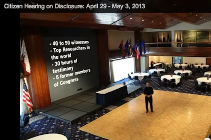 Screen capture of promo video for Citizen Hearing on Disclosure of an extraterrestrial presence engaging the human race in Washington DC, April 29-May 3, 2013.