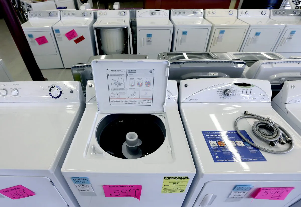 In this  Tuesday, Feb. 26, 2013, photo, washing machines are for sale at Green's, a furniture and appliance store, in Albany, N.Y. U.S. (AP Photo/Mike Groll)