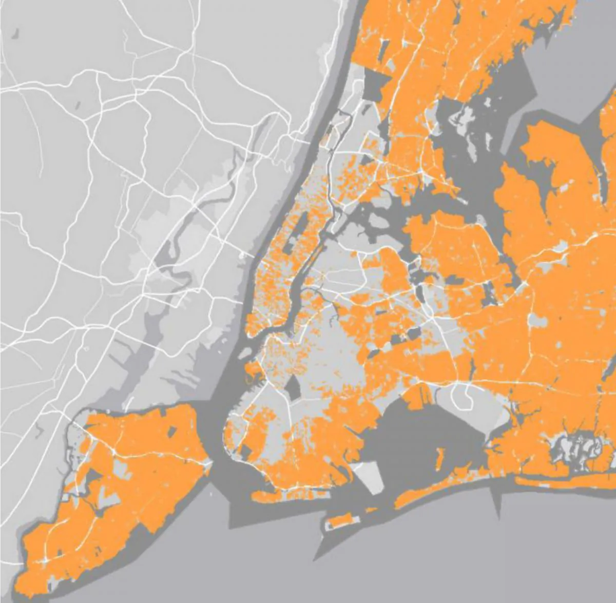 A map of residential fiber availability in New York City, based on data from the New York State Office of Information Technology Services. Yellow indicates census tracks with fiber availability. (Courtesy Bill de Blasio backgrounder)