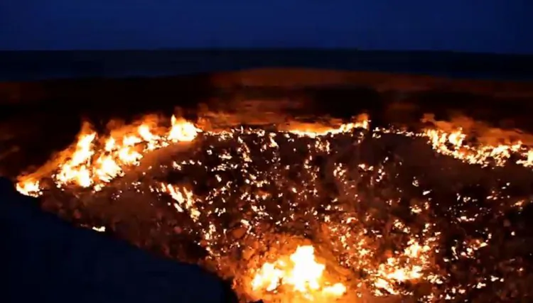 The "Gates of Hell" in the desert of Turkmenistan, shown in a screenshot of a YouTube video, is a giant pit of toxic gas opened during Soviet drilling in 1971. (Screenshot via The Epoch Times)