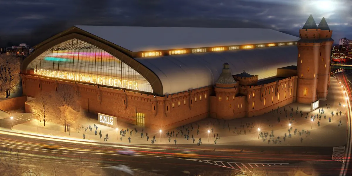 A rendering of the outside of Kingsbridge National Ice Center at night in the Bronx. (photo courtesy the Mayor's Office)
