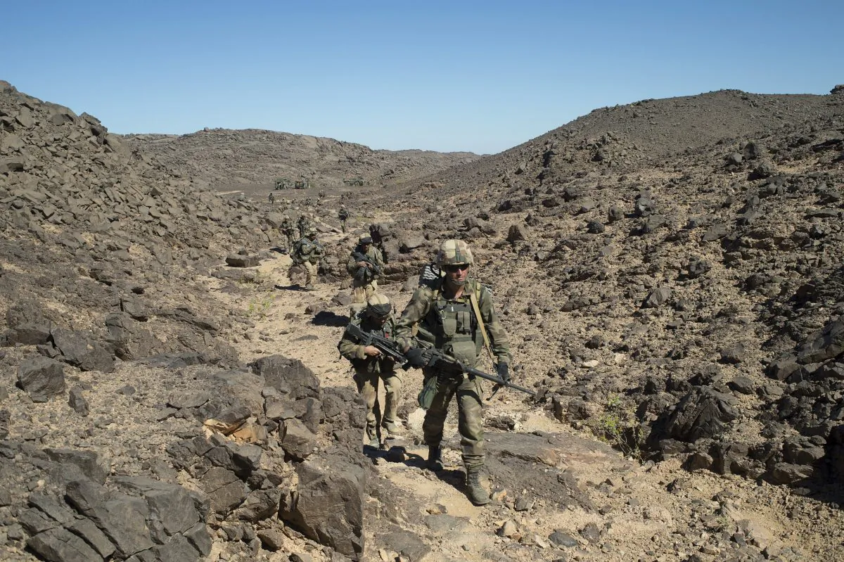 French soldiers patrol the Mettatai region in Northern Mali on March 18, 2013. (AP Photo/ECPAD, Arnaud Roine)