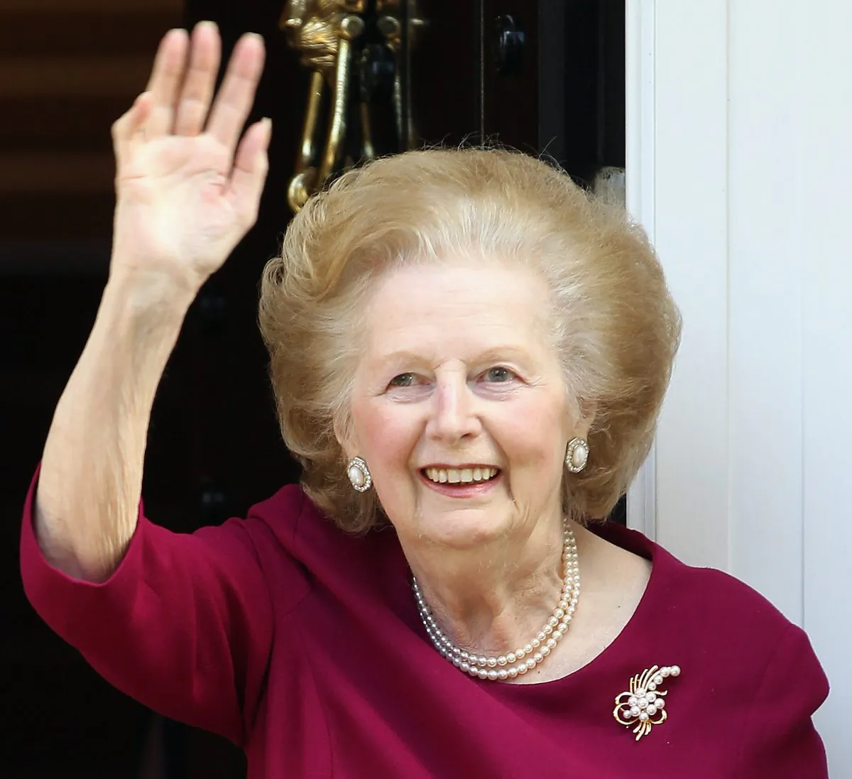 A file photo of former British Prime Minister Margaret Thatcher waving to the press at her home, after leaving Cromwell Hospital on Nov. 1, 2010, in London. Thatcher died April 8, 2013, of a stroke. (Dan Kitwood/Getty Images) 