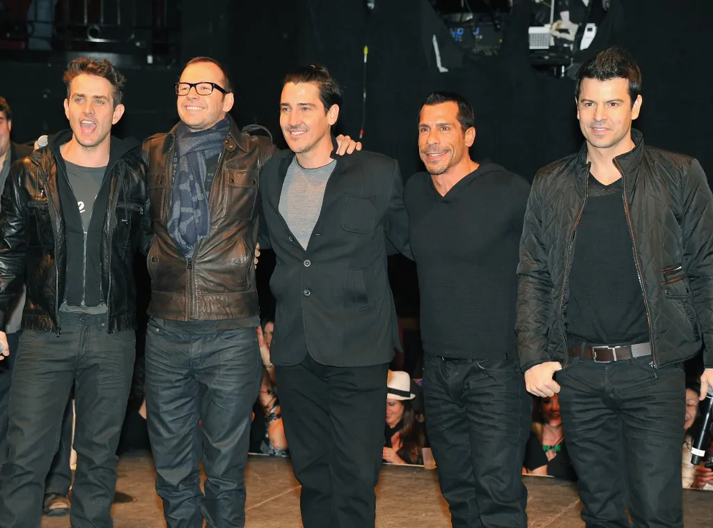 New Kid quits mid-show: Joey McIntyre, Donnie Wahlberg, Jonathan Knight, Danny Wood and Jordan Knight pose for photographers during upcoming tour announcement at Irving Plaza on January 22, 2013, in New York City. Jonathan Knight quit mid-show due to anxiety when the band performed a concert in New York City on April 4. (Theo Wargo/Getty Images)