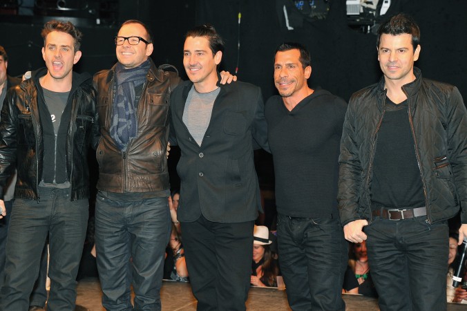 New Kid quits mid-show: Joey McIntyre, Donnie Wahlberg, Jonathan Knight, Danny Wood and Jordan Knight pose for photographers during upcoming tour announcement at Irving Plaza on January 22, 2013, in New York City. Jonathan Knight quit mid-show due to anxiety when the band performed a concert in New York City on April 4. (Theo Wargo/Getty Images)