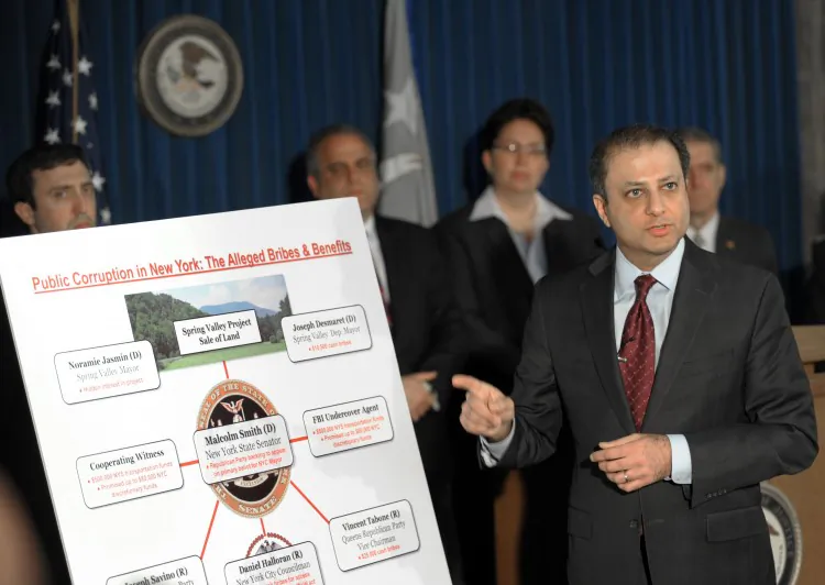 Preet Bharara, United States Attorney for the Southern District of New York, announces federal corruption charges againt New York State Senator Malcolm Smith and New York City Council member Daniel Halloran at a press conference April 2, 2013 in New York. (Stan Honda/AFP/Getty Images)