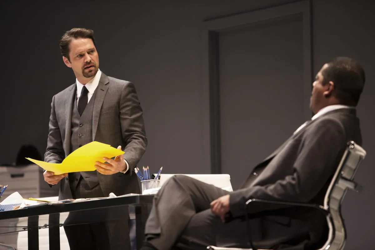 Jack Lawson (Jason Priestley) and Henry Brown (Nigel Shawn Williams) in the Canadian Stage Company's production of David Mamet's "Race." (David Hou)