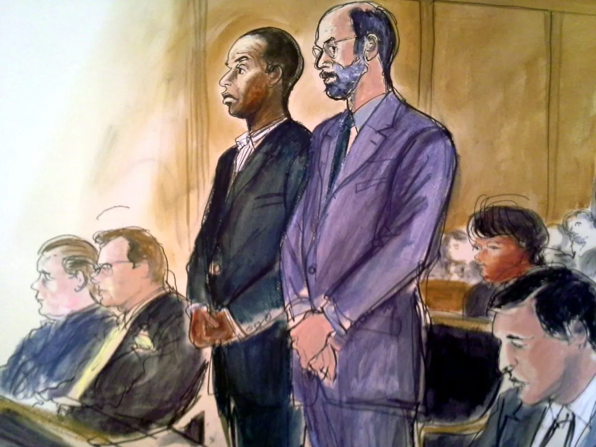 In this courtroom sketch, state Sen. Malcolm Smith, (D-Queens), center left, stands in federal court next to his attorney Gerald Shargel in White Plains, N.Y., April 2. Clockwise from left are Bronx County Republican Party Chairman Joseph Savino; his attorney Kevin B. Faga; Smith; Shargel; Spring Valley Mayor Noramie Jasmin, and Assistant U.S. Attorney Douglas Bloom. (AP Photo/Elizabeth Williams)