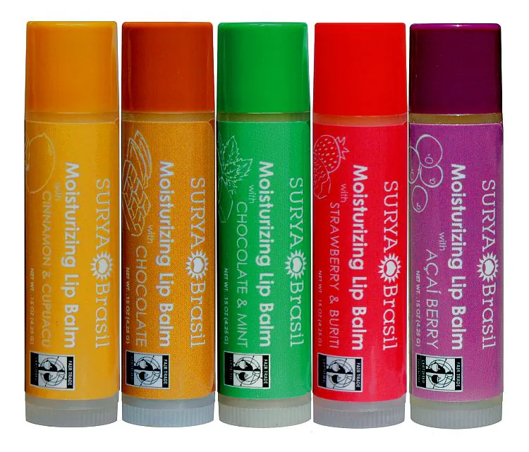 Surya Brasil vegan lip balms come in five flavors: Açai Berry, Cinnamon Cupuacu, Strawberry Buriti, Chocolate Mint, and Chocolate; $3.49, www.suryabrasil.com. (Courtesy of Surya Brasil)