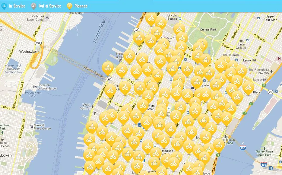 Some of the planned bike share stations in Manhattan. (Screenshot/CitiBike)