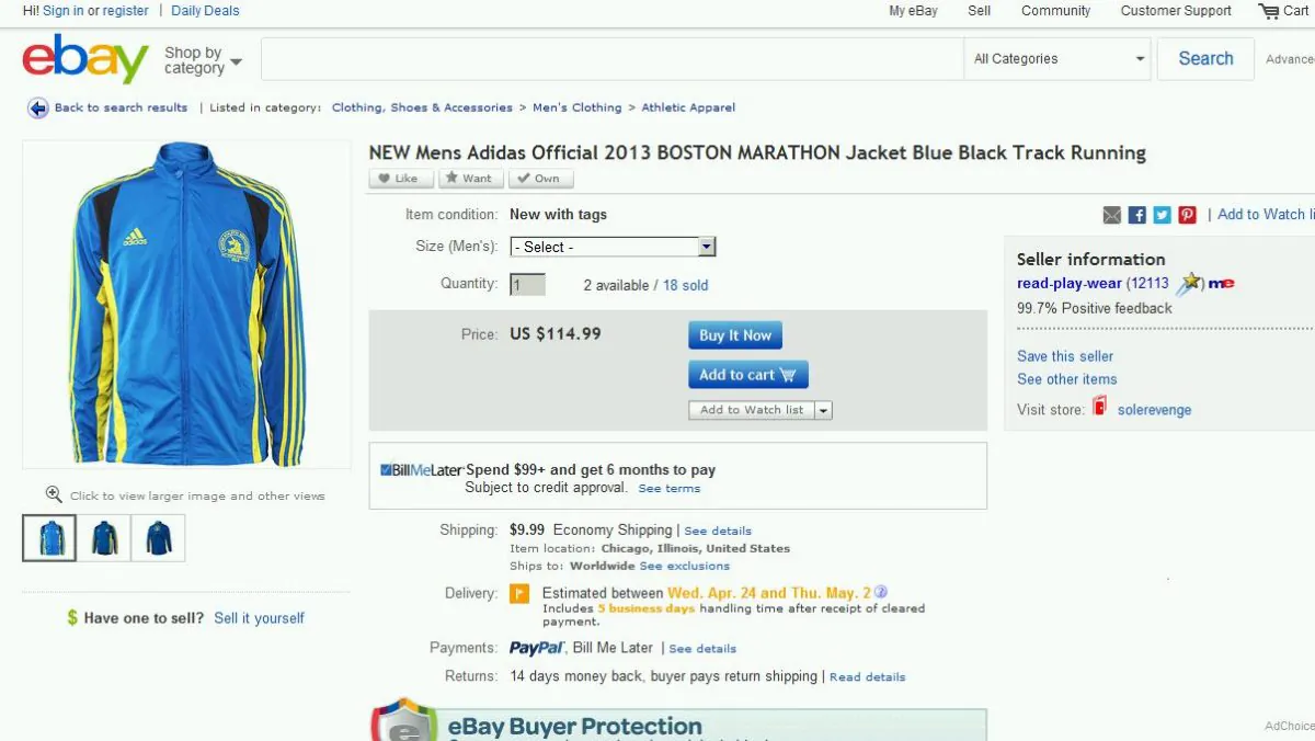 A screenshot of eBay shows a 2013 Boston Marathon jacket being sold.