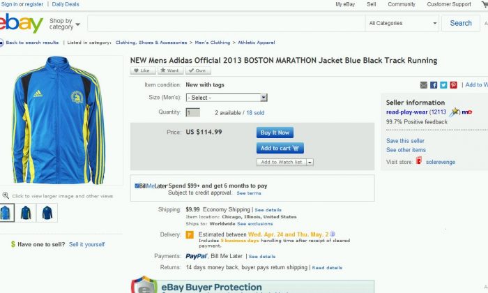 A screenshot of eBay shows a 2013 Boston Marathon jacket being sold.