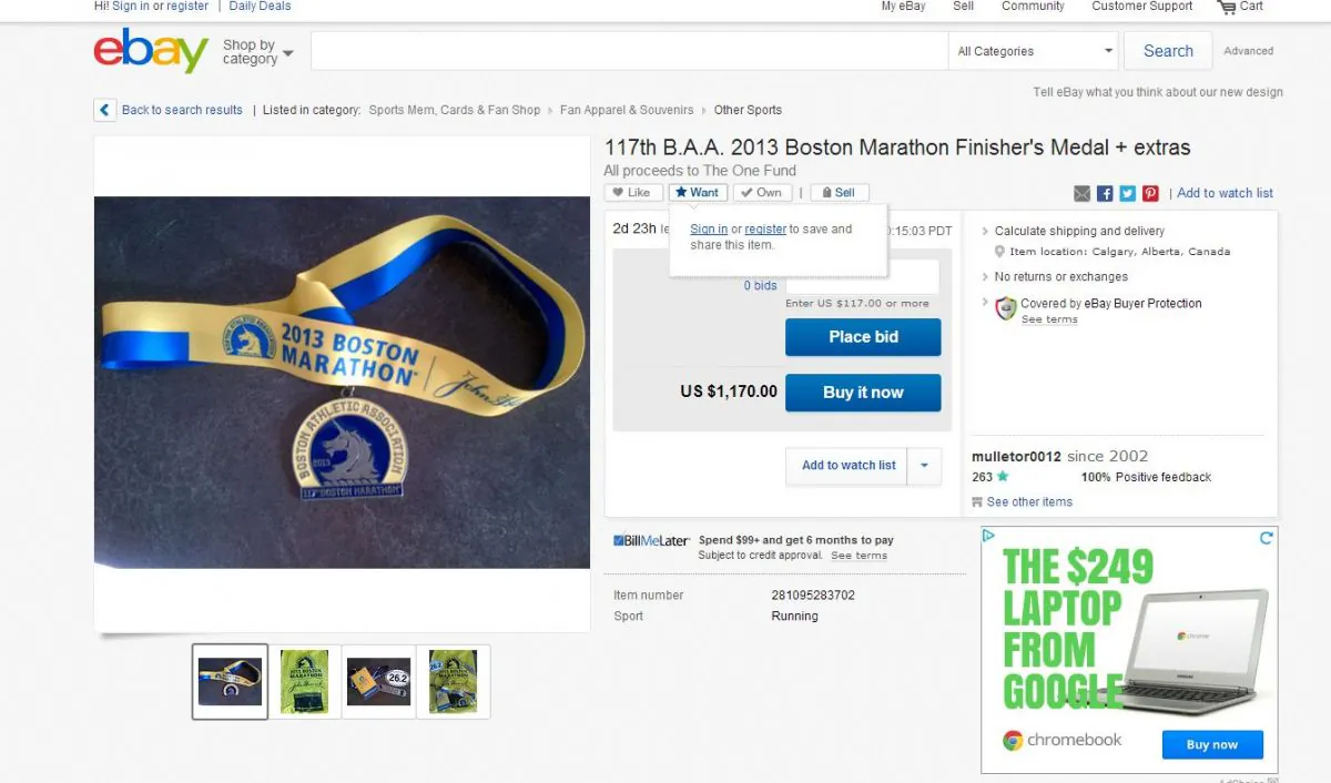 A screenshot of eBay shows the auction of a 2013 Boston Marathon medal.