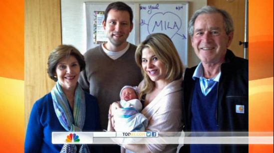 (From L-R) Laura Bush, former first lady; Henry Hager; Jenna Bush Hager (with the Hager's new child); and former president George W. Bush. (Screenshot/Today Show)