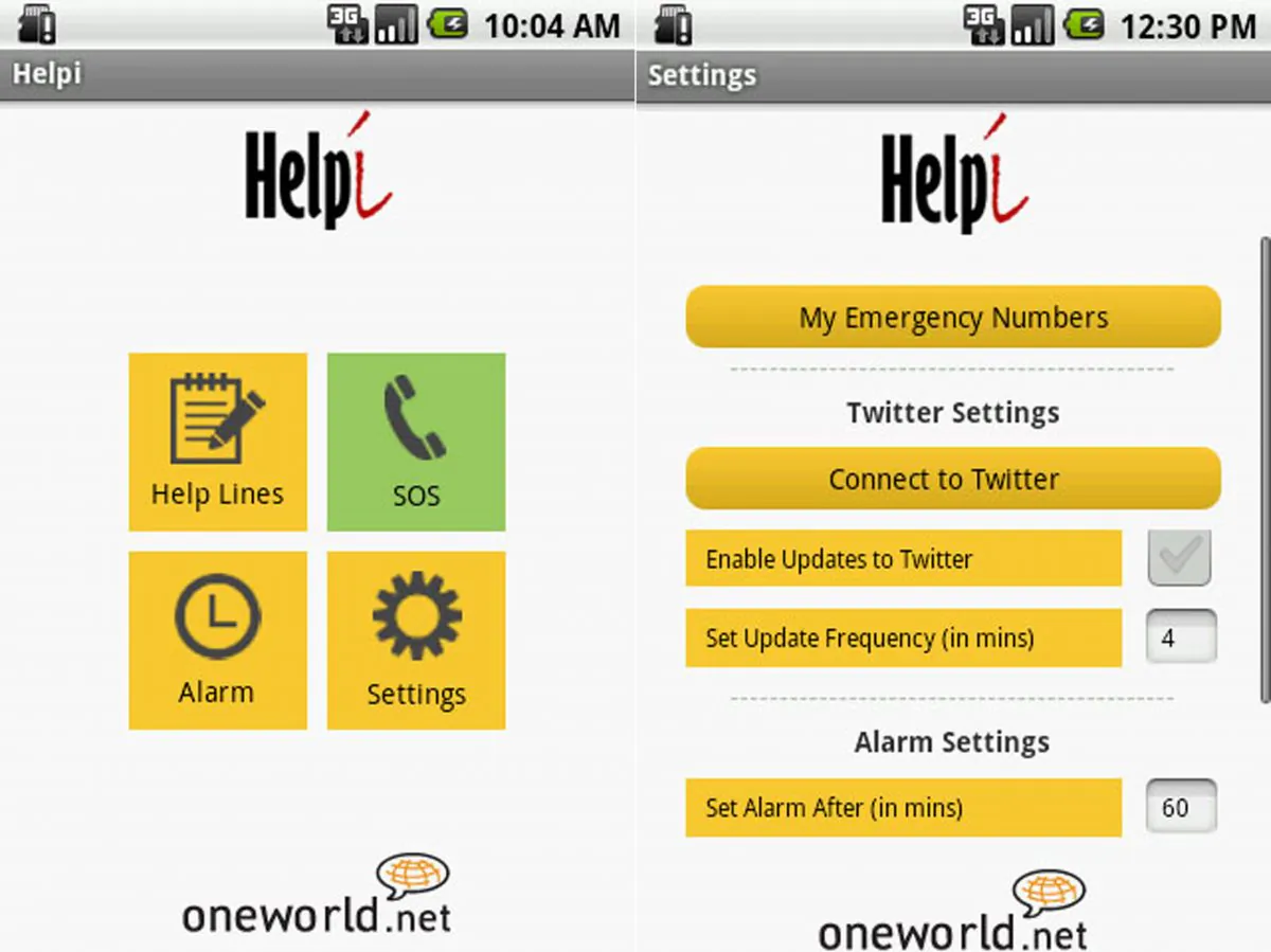 A screenshot of the mobile App 'Helpi' for women in distress created by One World Foundation India. The android based App is available for free on Google Play. (One World Foundation)
