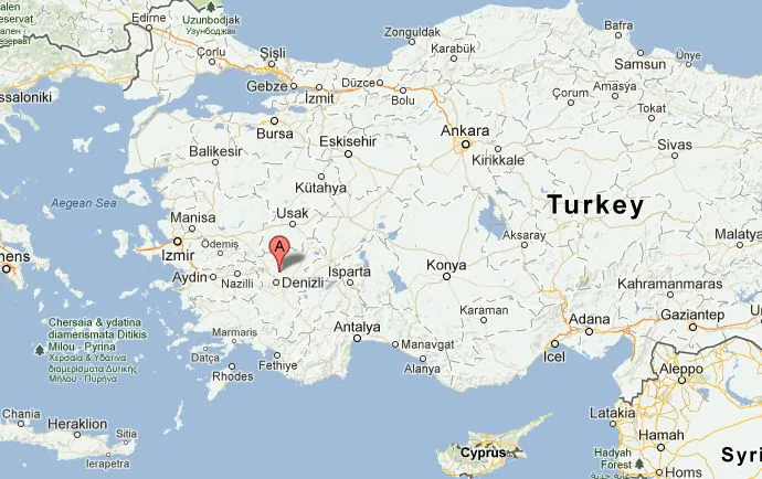 The location of the ancient city of Hierapolis in southern Turkey. (Screenshot of Google Maps/The Epoch Times)